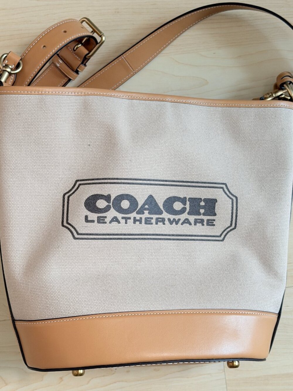 Coach Leatherware Canvas Bucket Bag Tan Leather Trim Crossbody Shoulder Bag